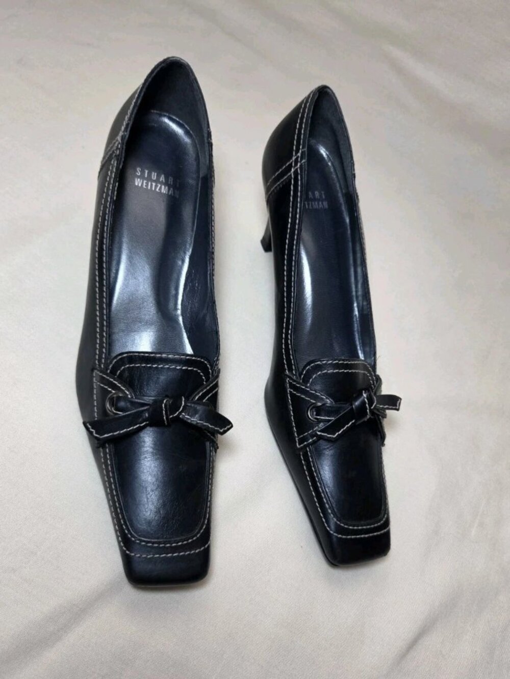 Vintage Stuart Weitzman 90s Square Toe Heels 7.5 N Spain Patent Bow Thick Stitch